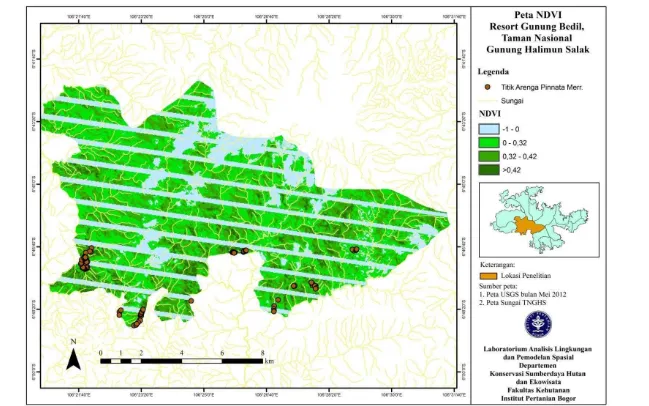 Gambar 11 Peta persebaran titik aren pada berbagai kelas NDVI di Resort Gunung Bedil, TNGHS