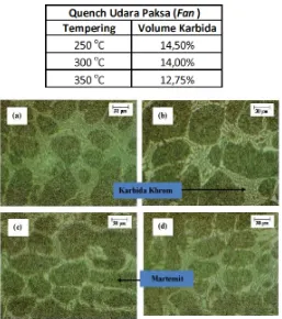 Tabel 4. Volume karbida material besi tuang putih paduan krom tinggi (ASTM A532 Type-IIA) pada berbagai kondisi perlakuan panas  dengan media quench udara paksa (fan) 