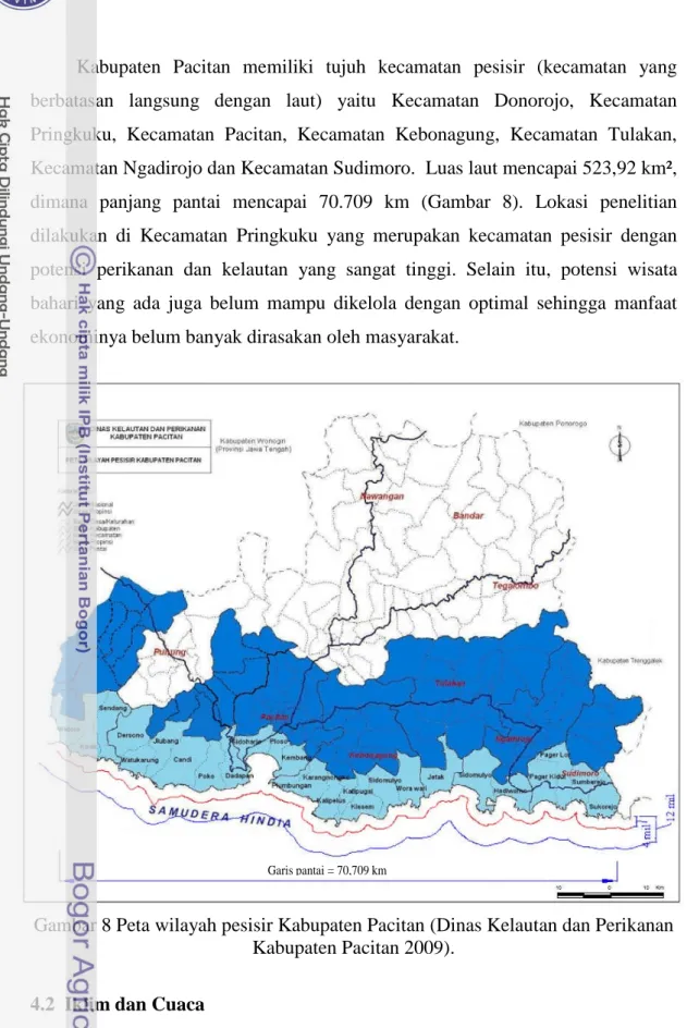 Gambar 8 Peta wilayah pesisir Kabupaten Pacitan (Dinas Kelautan dan Perikanan Kabupaten Pacitan 2009).