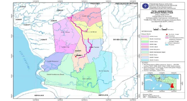 Gambar 6  Peta lokasi dan pembagian wilayah Kabupaten Mappi. 