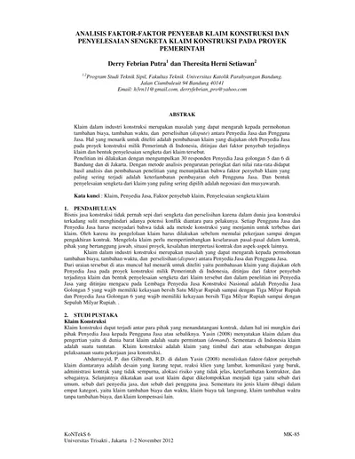 ANALISIS FAKTOR-FAKTOR PENYEBAB KLAIM KONSTRUKSI DAN PENYELESAIAN ...