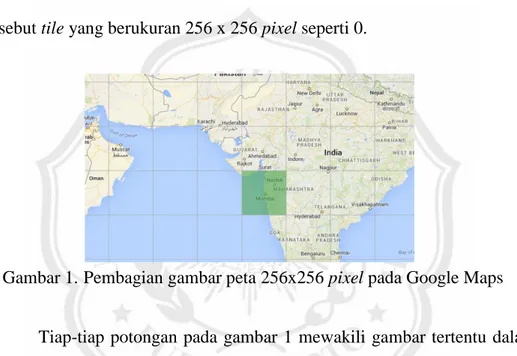 Gambar 1.  Pembagian gambar peta 256x256 pixel pada Google Maps 