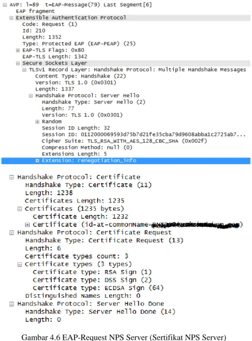 Gambar 4.6 EAP-Request NPS Server (Sertifikat NPS Server)  Pada gambar terlihat paket tersebut adalah   paket  request  dari  server,  berisi paket sertifikat server dan paket hello done