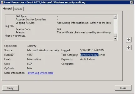 Gambar 4.18 Server NPS Menolak Request dari Laptop External  2.  Test koneksi Laptop Internal  