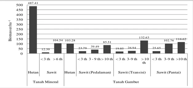 Gambar 4.2.   Perbandingan Biomassa (t ha -1 ) Tumbuhan Pada Tanah Mineral  dan  Gambut  di  Perkebunan  Kelapa  Sawit  (Suwondo  et  al.,  2011)