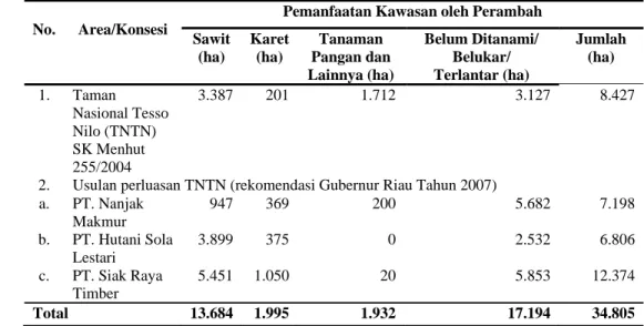 Tabel 12  Pemanfaatan kawasan oleh perambah di Taman Nasional Tesso Nilo  dan usulan perluasannya Tahun 2007 