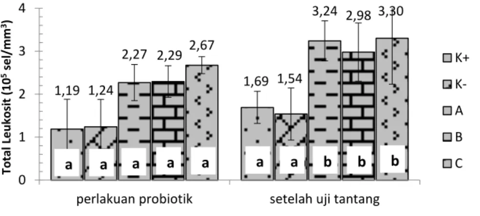 Gambar  5  Total  leukosit  ikan  mas  pada  perlakuan  probiotik  berbagai  dosis  dan  setelah uji tantang dengan A