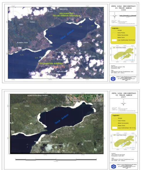Gambar 2. Peta Luas Sedimentasi di Teluk Ambon: (Atas) Tahun 1994 dan (Bawah) Tahun 2007 (Sumber:  UPT