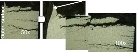Figure 5. Microstructures obtained from some location of the ruptured bellows convolution A at right hand side section around the main crack rupture 