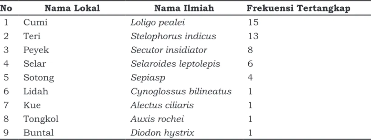 Tabel 2. Nama lokal dan nama ilmiah hasil tangkapan beserta frekuensi tertangkap No Nama Lokal Nama Ilmiah Frekuensi Tertangkap