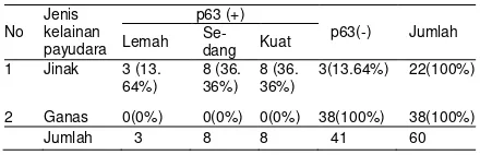 Tabel 2. Perbedaan tampilan p63 pada kedua jenis lesi dengan menggunakan uji Chi-square