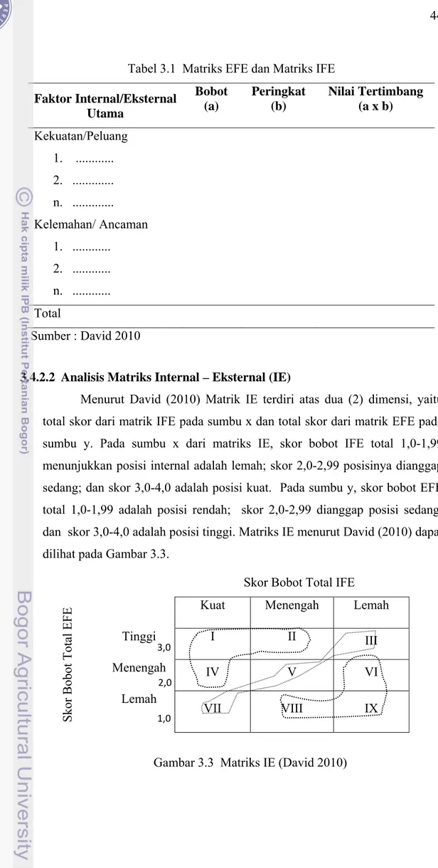 Tabel 3.1  Matriks EFE dan Matriks IFE  Faktor Internal/Eksternal  Utama  Bobot (a)  Peringkat (b)  Nilai Tertimbang (a x b)  Kekuatan/Peluang  1