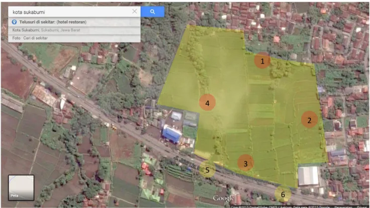 Gambar 5.1  Citra Satelit tapak perencanaan. Sumber maps.google.com   Batas Utara    : Permukiman 