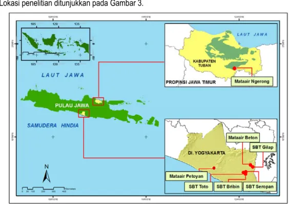 Gambar 3. Lokasi daerah penelitian (Karst Gunung Sewu, DIY dan Karst Rengel, Kab. Tuban, Jawa  Timur) 
