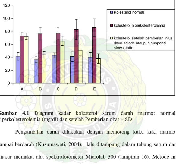 Gambar  4.1  Diagram kadar kolesterol serum darah marmot normal,  hiperkolesterolemia (mg/dl) dan setelah Pemberian obat ± SD 