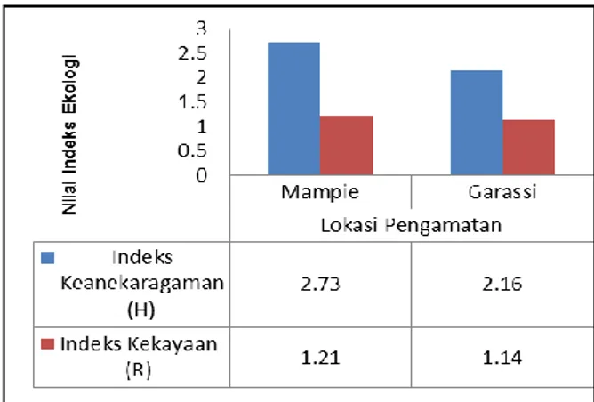 Gambar 4.  Indeks keanekaragaman (H) dan Kekayaan ( R)                   pada lokasi pengamatan Mampie dan Garassi 