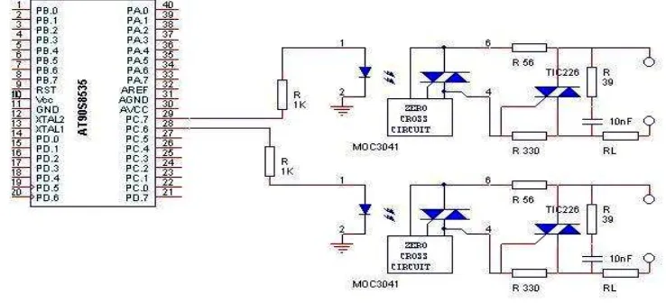 Gambar 11. Hubungan antara relai dengan mikrokontroler AT90S8535 