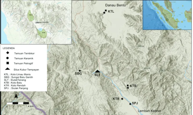 Gambar 1. Peta sebaran temuan arkeologi di baratlaut-utara lembah Kerinci. 