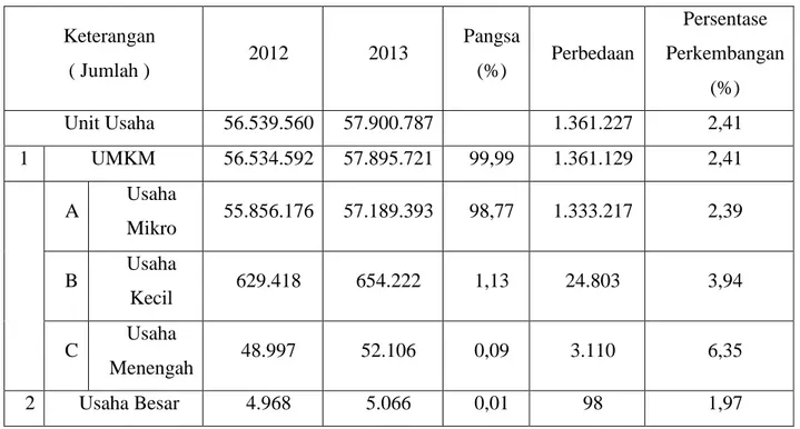 Tabel 1.2 Perkembangan data UMKM tahun 2012 - 2013 