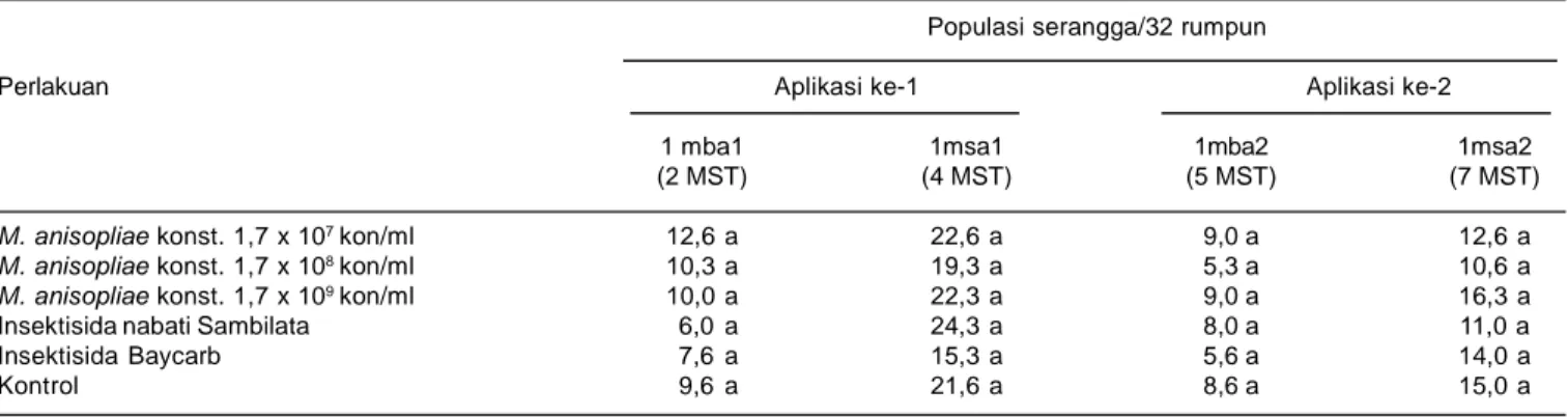 Tabel 9. Populasi musuh alami (laba-laba Lycosa sp.) pada uji jamur M. anisopliae di Cianjur, MT 2004/2005.