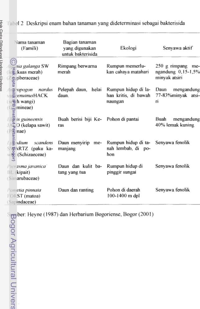 Tabel 2  Deskripsi enam bahan tanaman yang dideterminasi sebagai bakterisida 