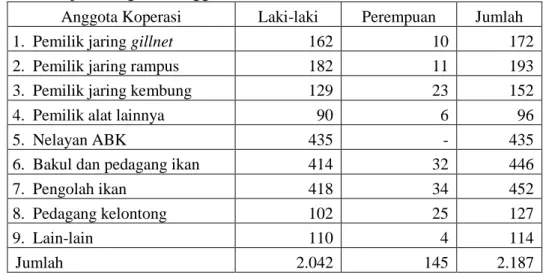 Tabel  13  menunjukkan  bahwa  anggota  Koperasi  Mina  Jaya  DKI  Jakarta  tahun  2008  didominasi  oleh  anggota  kelompok  pemilik  alat  perikanan,  pengolah  ikan, bakul, dan nelayan ABK
