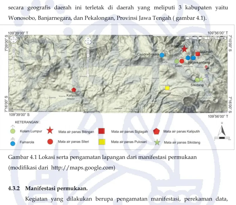 Gambar 4.1 Lokasi serta pengamatan lapangan dari manifestasi permukaan                    (modifikasi dari  http://maps.google.com) 