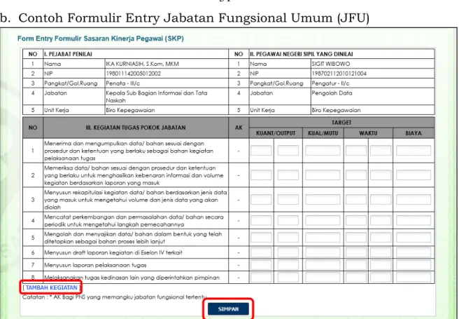 Gambar 15 Halaman Entry Formulir SKP JFU  c.  Contoh Formulir Entry Jabatan Fungsional Tertentu (JFT) 