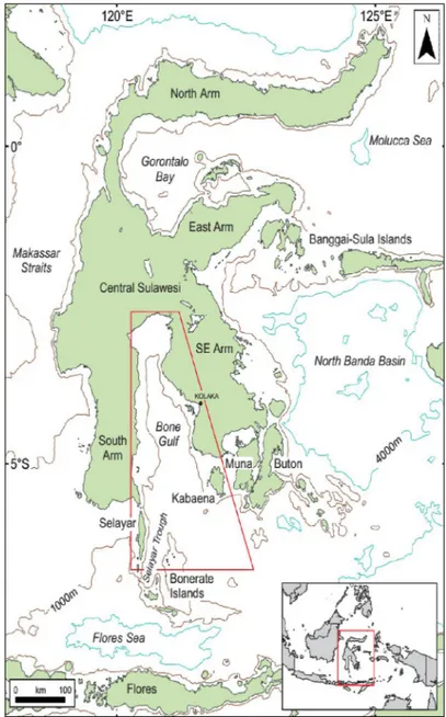 Gambar 1.  Lokasi Penelitian di teluk Bone, Sulawesi (modifikasi dari Camplin dan Hall, 2014).