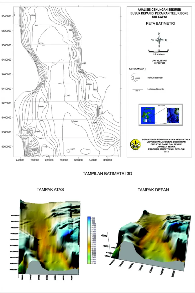 Gambar 4. Peta batimetri daerah penelitian dan tampilan 3-D (Indriyati, 2012)