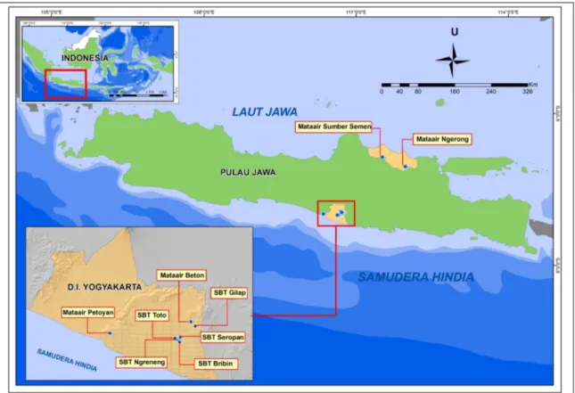 Gambar 1.Lokasi daerah penelitian (Karst Gunung Sewu, DIY, Karst Rembang  (Jateng) dan Karst Rengel, Kab