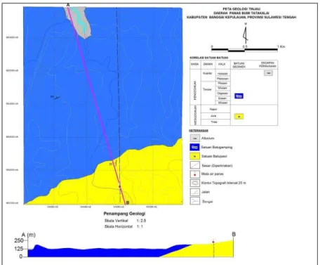 Gambar 3.  Peta geologi daerah Tatakalai, Kabupaten Banggai Kepulauan  Tabel 1.  Hasil Analisis Kimia Anion dan Kation Conto Air Daerah Panas Bumi di 