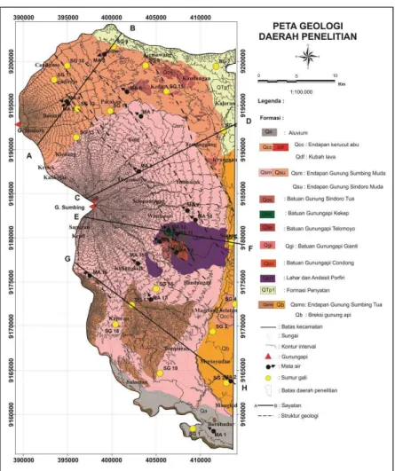 Gambar 2. Peta geologi daerah penelitian lembar Magelang-Semarang  (Thaden dkk., 1975) dan  lembar Yogyakarta  (Rahardjo, dkk., 1995) dengan modifikasi 