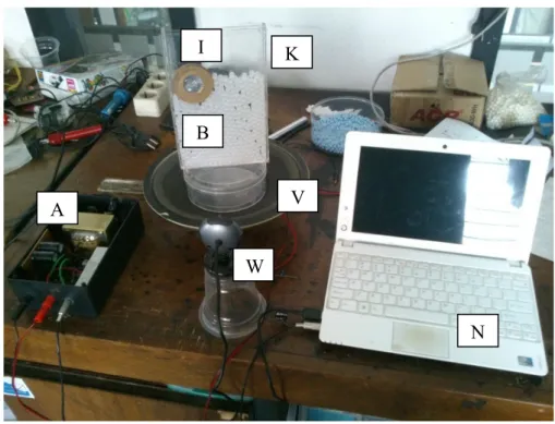 Gambar 1. Bahan dan alat yang digunakan untuk mengamati EKB: bed butiran (B), intruder (I), kotak tembus-pandang (K), vibrator (V),  webcam (W), power amplifier (A), dan PC atau notebook (N).