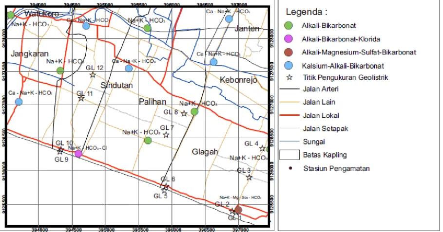 Gambar 4. Peta persebaran tipe airtanah berdasarkan Diagram Trilinier Piper 