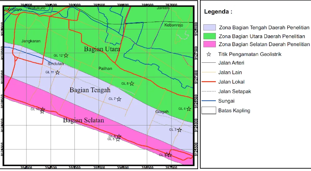 Gambar 2. Pembagian zona bagian utara, tengah dan selatan serta lokasi titik geolistrik di daerah penelitian