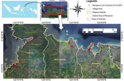 Figure 1. Field station of research location for m angrove sampling on coastal area of  villages in easternm ost regency area of districts, North Gorontalo Regency, Indonesia