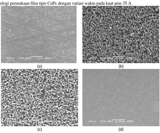 Gambar 4.Hasil SEM dengan variasi waktu pada saat penumbuhan film tipis CuPc , (a): 30  menit ,(b) 60 menit, (c):90 menit dan (d) : 120 menit 