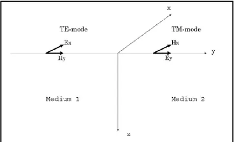 Gambar 8.  Komponen medan listrik dan medan magnet dalam polarisasi TE dan  TM pada model 2-D (Unsworth, 2008) 