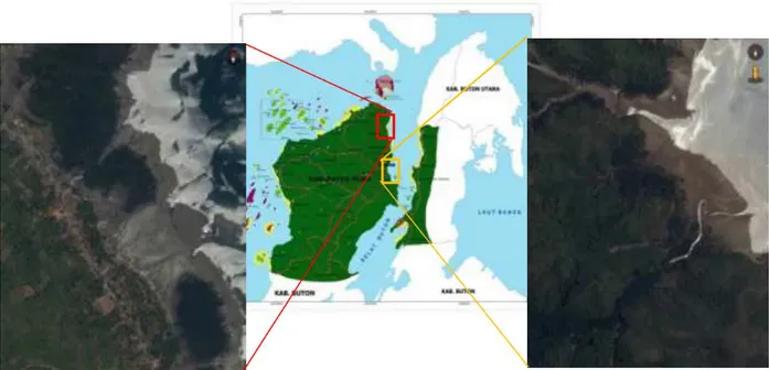 Gambar 1  Lokasi  penelitian  di  pesisir  Bonea  Kecamatan  Lasalepa  (kiri)  dan  pesisir  Kodiri,  Kecamatan  Lohia (kanan), Kabupaten Muna 