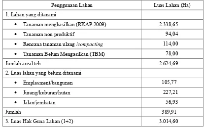 Tabel 2. Jumlah Luas Lahan Berdasarkan Sertifikat HGU No 2 tanggal 8 Mei 2002, PTPN VI Kebun Kayu Aro 2009 