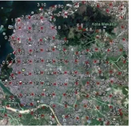Gambar 1. Peta lokasi penelitian Kota Makassar dan  sekitarnya beserta  titik-titik pengukuran sebanyak 121 titik 