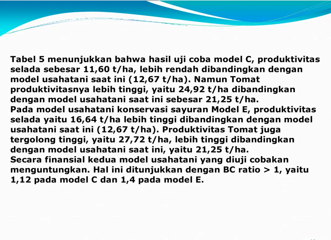 Tabel 5 menunjukkan bahwa hasil uji coba model C, produktivitas selada sebesar 11,60 t/ha, lebih rendah dibandingkan dengan  model usahatani saat ini (12,67 t/ha)