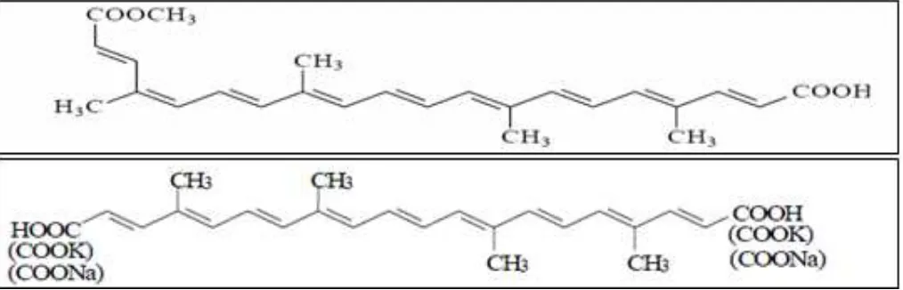Fig 1. Structures of principle components of annatto dye (a) Cis - Bixin (b) Trans - Norbixin and their potassium or sodium salts 