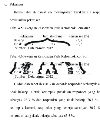 Tabel 4.5 Pekerjaan Responden Pada Kelompok Perlakuan 