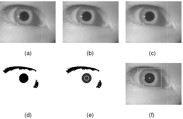 Figure 6. Detection of the cencenter of pupil, (a) capture frame from camera, (b) g (d) binary image, (e) component labelling image, (f) grayscale image, (c) Gaussian blur image, (d , (f) output image 