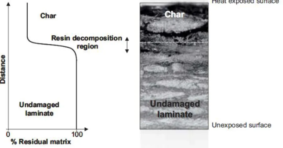 Gambar 2.1  Kegagalan panas pada laminate menunjukkan perbedan wilayah  kerusakan (Mouritz, dkk., 2006)