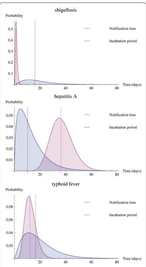 Figure 3 Distributions of the incubation period (pink curves)and reporting time (grey curves), with their median values(lines), of shigellosis, hepatitis A virus infection, and typhoidfever cases.
