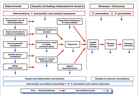 Figure 1 Framework for classifying events under surveillance (diseases, hazards, determinants and interventions) based on their position along the causal pathway.