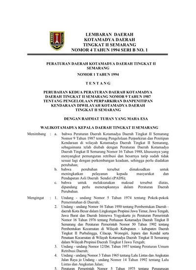 LEMBARAN DAERAH KOTAMADYA DAERAH TINGKAT II SEMARANG NOMOR 4 TAHUN 1994